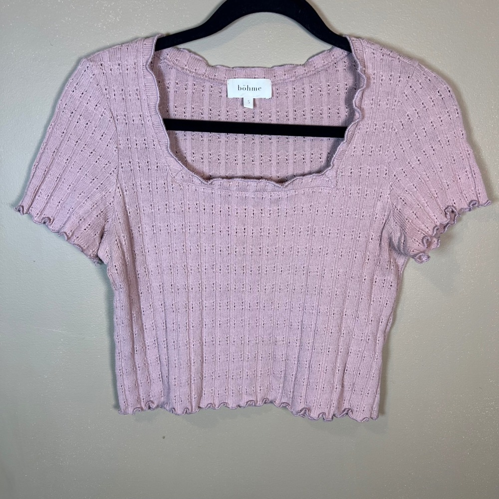 Bohme Women Pink Ribbed Pointelle Knit Square Neck Lettuce Edge Crop Top Small